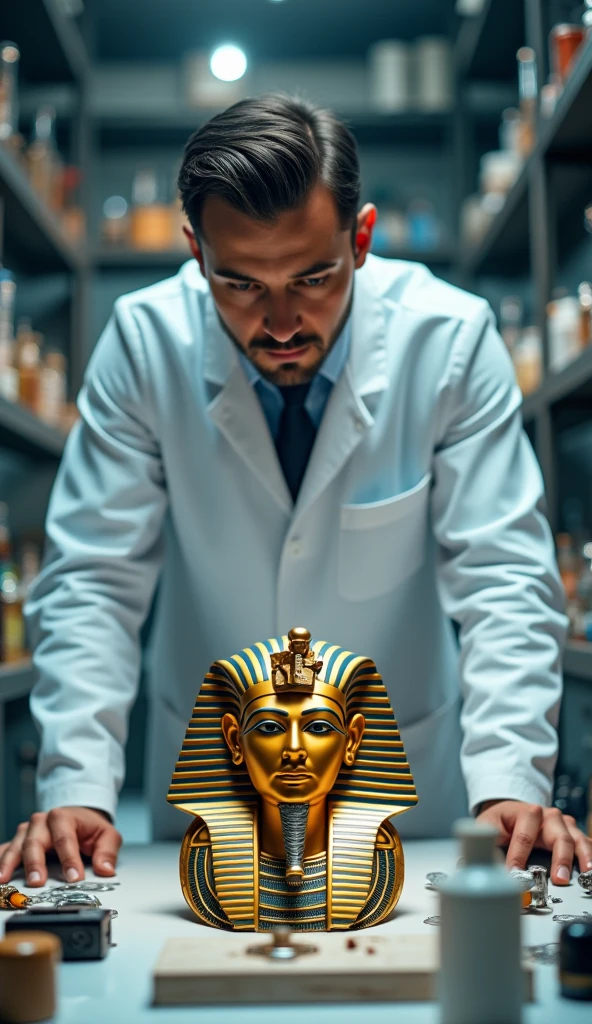 Close-up shot, Low angle shot, (A modern-day scientist, dressed in a white lab coat, stands in a brightly lit laboratory filled with advanced equipment. On the table in front of him is a replica of King Tutankhamun's mask, surrounded by scientific tools. The scientist’s face is skeptical yet curious, as he examines the mask closely. The background shows a mix of modern technology and ancient artifacts, symbolizing the intersection of science and ancient mysteries.) unreal engine, 35mm lens, cinematic, highly detailed, hyper-realistic, ultra-realistic HD --q 2 --v 6.1 --ar 9:16