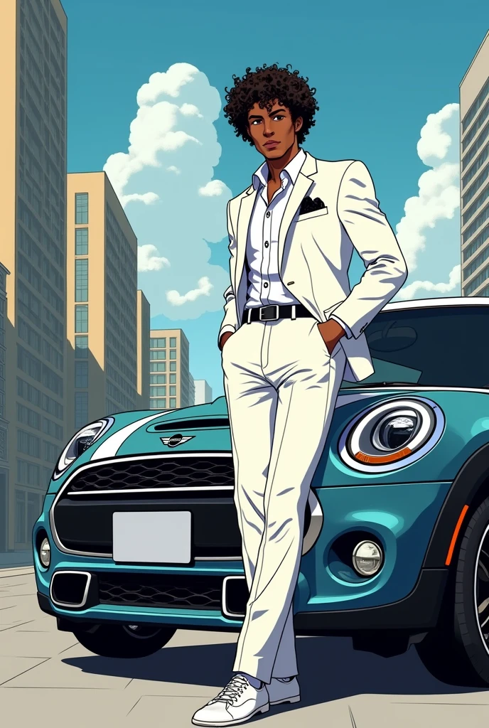 Draw a man with dark skin tone, millionaire ,On one side a mini cooper, in Naucalpan and white suit anime version , curly hair
