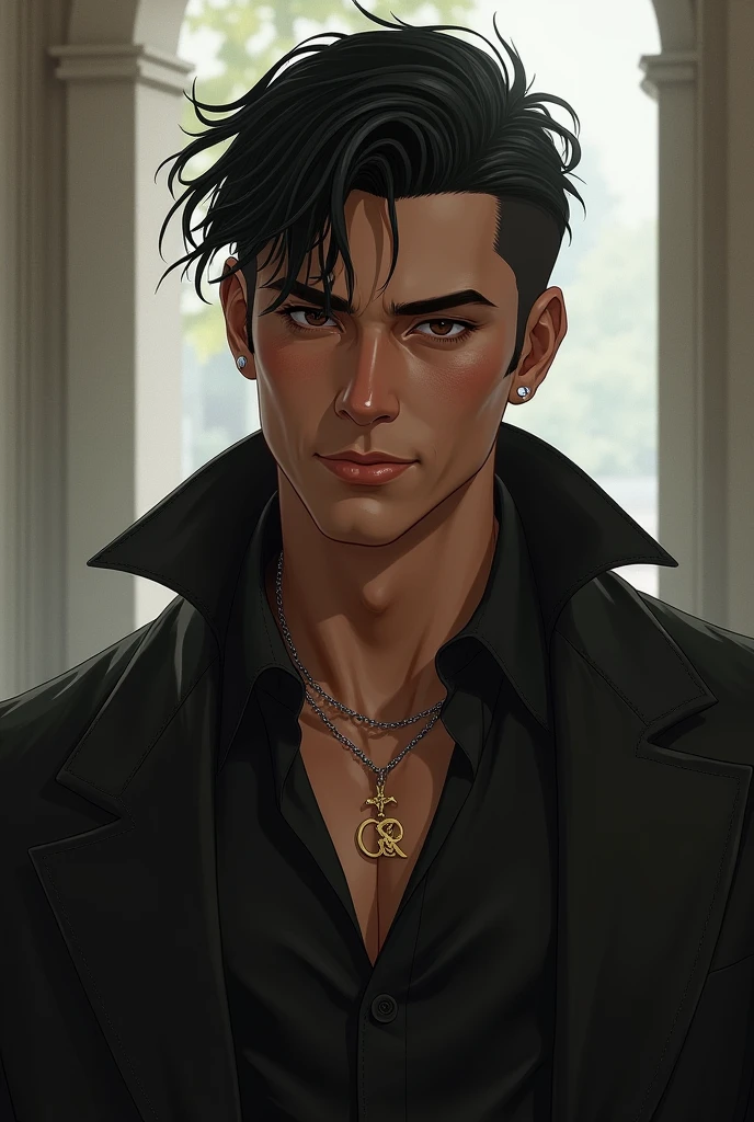 a man of about 2, with a square and defined face, prominent cheekbones and a firm jaw. His eyes are a dark, penetrating brown.. His hair is dark and short, with a disheveled cut that gives him a rebellious air. His smile is wide and confident.. Dress casually but elegantly, athletic and muscular figure. There is an aura of confidence and security surrounding his presence., but also a touch of mystery that makes it intriguing.