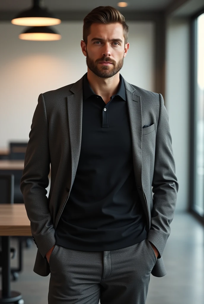 Create a clothing combination for a black polo shirt for men, with a combination with a jacket or coat as for the office full body image, Polo shirt can be something casual
