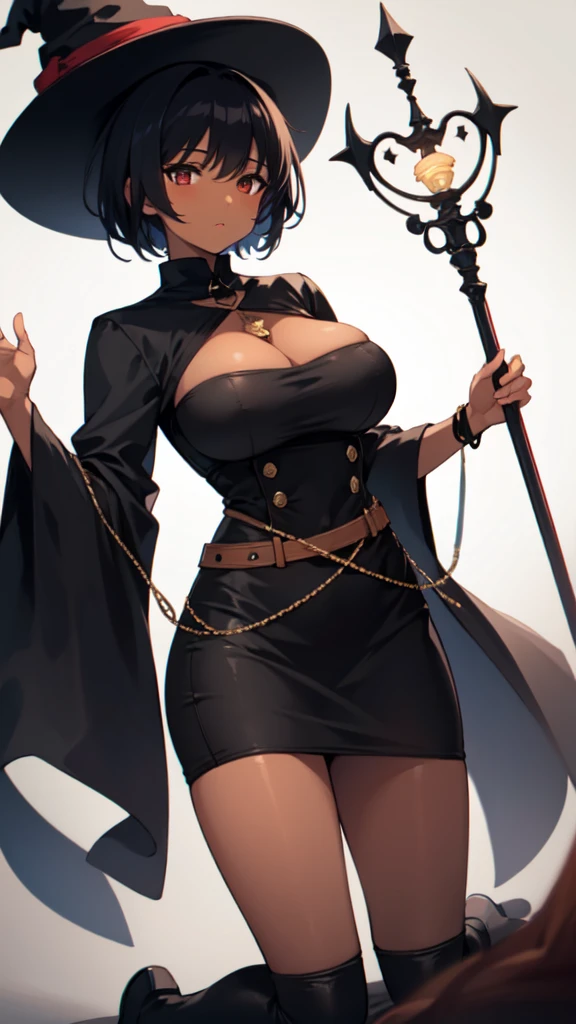 Tall witch wearing short black clothes dark skin color big breasts holding a staff red hat short hair kneeling position