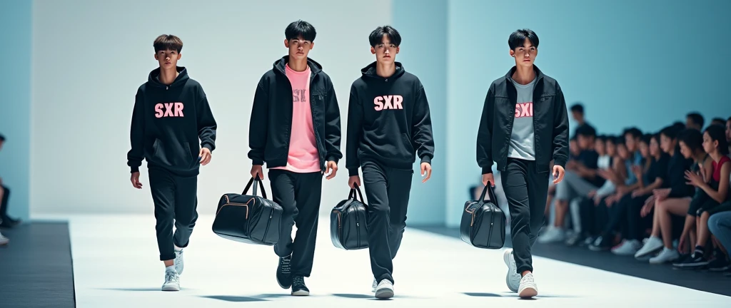 (photorealism:1.2), Three sportwear fashion handsome 18 yrs. old, k pop Asian male model, runway show full body holding sports bag pack, tank top casual wear style, SXR logo design, ultra-detailed, film photography, light leaks, trending on sportwear, sharp focus, studio photo, futuristic details, highly detailed