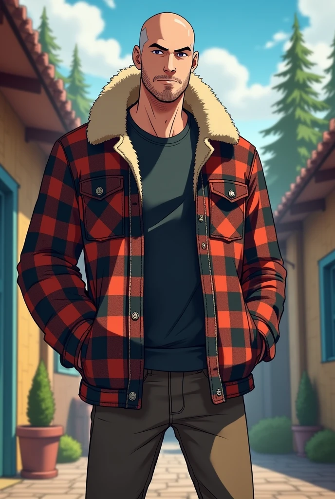 Tall Man, young, shaved hair, Checkered lumberjack jacket with sheepskin, anime, short beard, Whole body