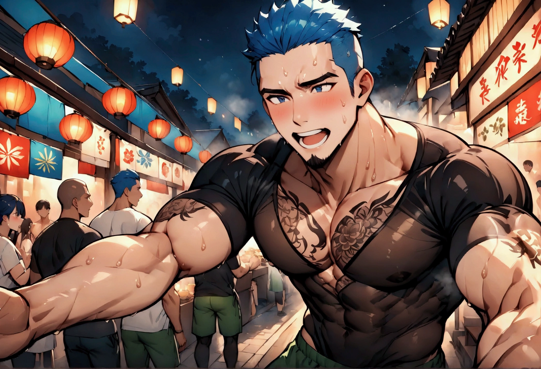 Highest quality、masterpiece、(muscular male:1.2)、(father:0.5)、Shaved head、Blue Hair、(sweat:1.3)、steam、tattoo on chest、tattoo on leg、On the upper half of his body he was wearing a tight fitting black shirt with an open neckline.、The lower half is green shorts、Night Festival、Excited、pov shot