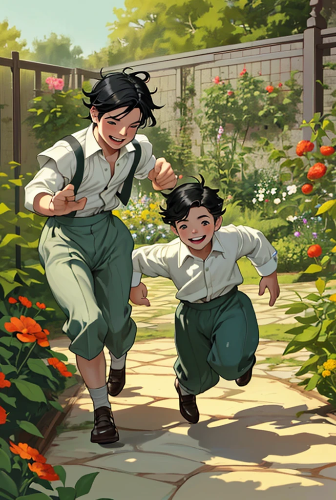 two children, boys, running in the garden in thirties clothes, playing and smiling, black hair, blond hair