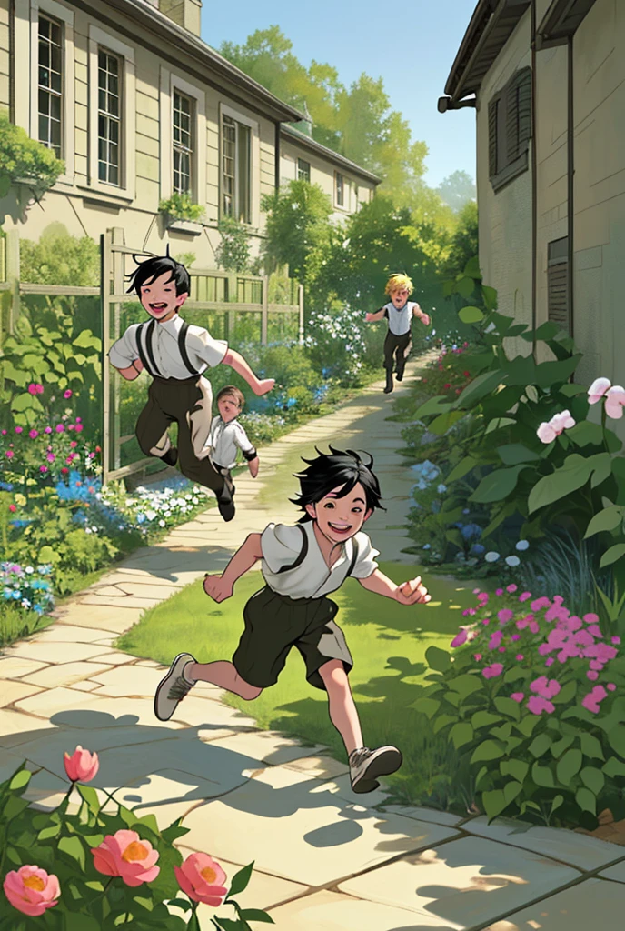 two , boys, running in the garden in thirties clothes, playing and smiling, black hair, blond hair