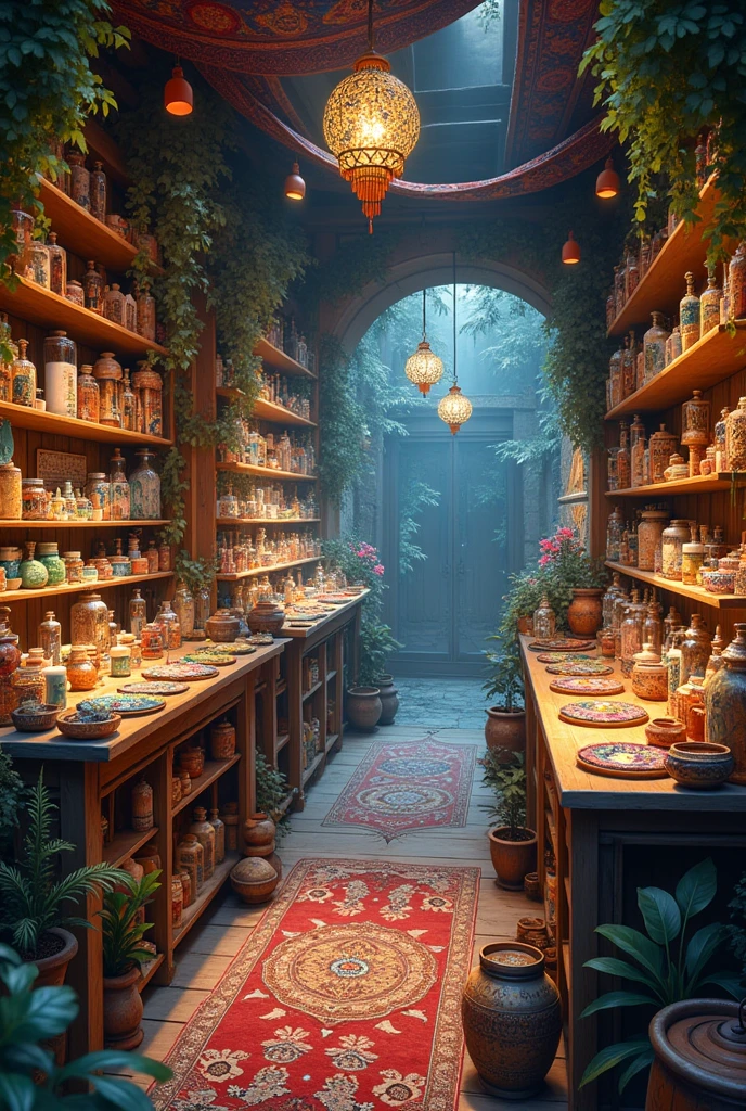 Sale of energy kits, candles, incense, personalized rituals, herbal baths, Protection amulets with a background of colorful fabrics and suncatchers and dreamcatchers, in a closed environment