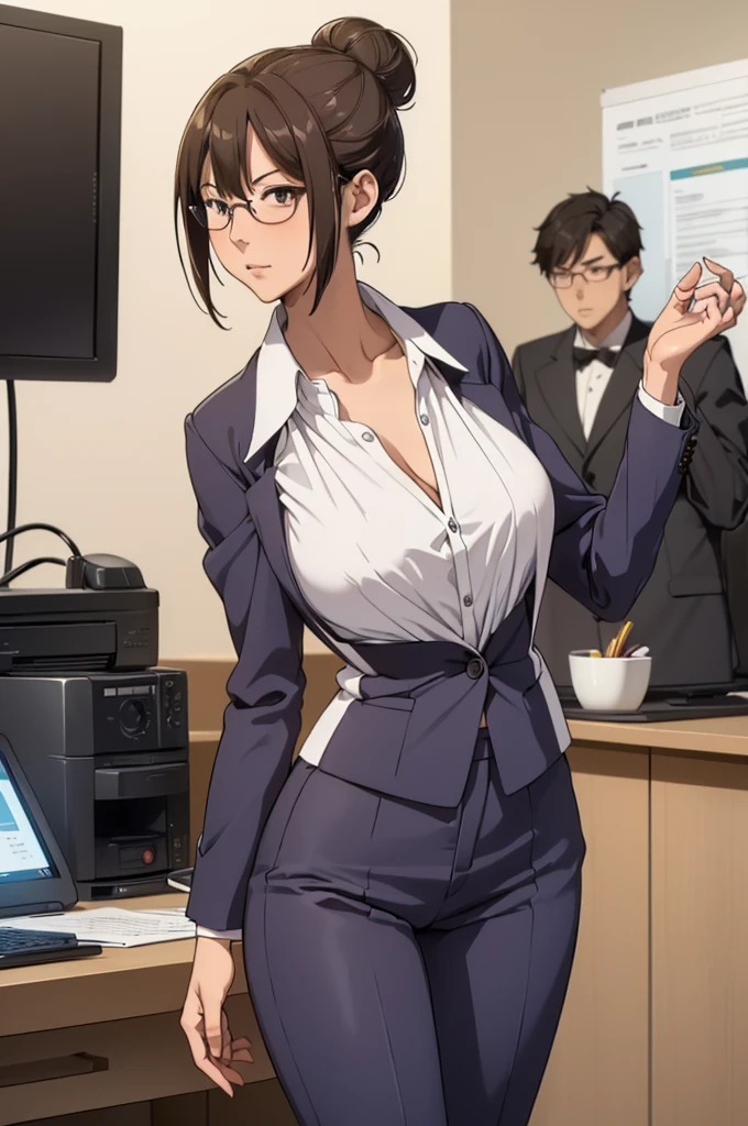 (masterpiece, Highest quality, Detailed illustrations, High resolution), ((One girl, alone)), ((Huge breasts, Narrow waist, Long legs, Healthy Body, Toned body)), ((Brunette Hair)), ((suit, pants)), ((whole body, Close-up view)), ((Are standing)), ((Looking at the audience, Facing the audience)), Office Environment, ((Sunburned skin)), Oily skin, ((Large Breasts, Mature Woman, Mature Woman, Mature Woman)), ((Single hair bun)), (Detailed eyes), ((Are standing)), ((Good Eyes, よりGood Eyes, Expressive eyes)), (Glasses)