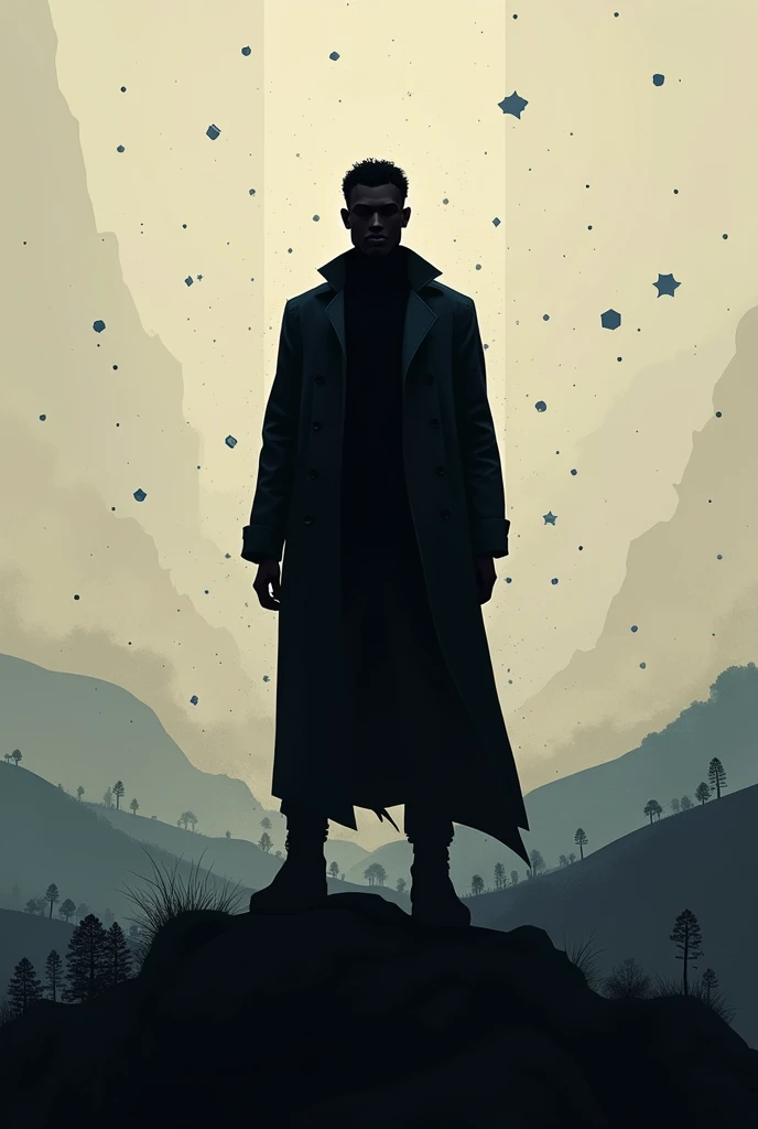 A black male silhouette in vector format with a background landscape referring to the internet and the virtual world, colors should be darker and not too flashy