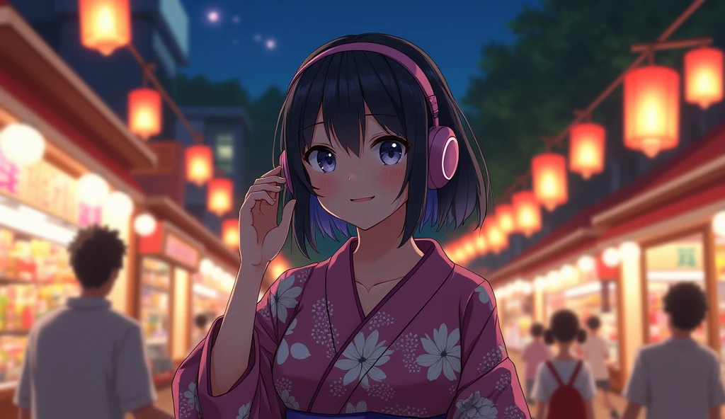Perfect image, 8k、summer、night、high school girl、Mature、yukata、Big Breasts、looks fun、smile、Using headphones、festival、stall、 2D-style animation, Lo-Fi、Retro、Emotional、Anime style illustrations