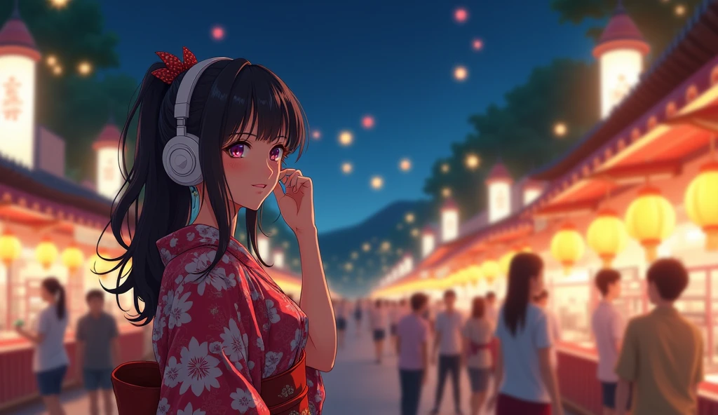 Perfect image, 8k、summer、night、high school girl、Mature、yukata、Big Breasts、looks fun、smile、Using headphones、festival、stall、 2D-style animation, Lo-Fi、Retro、Emotional、Anime style illustrations