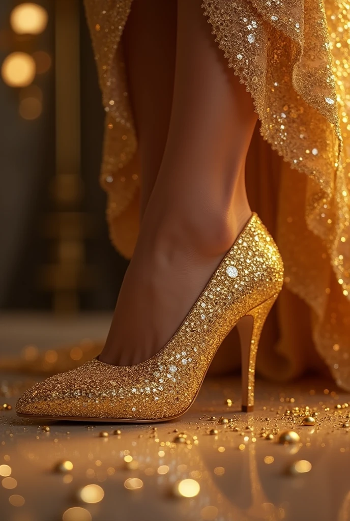 A woman wearing gold diamond-encrusted shoes 
