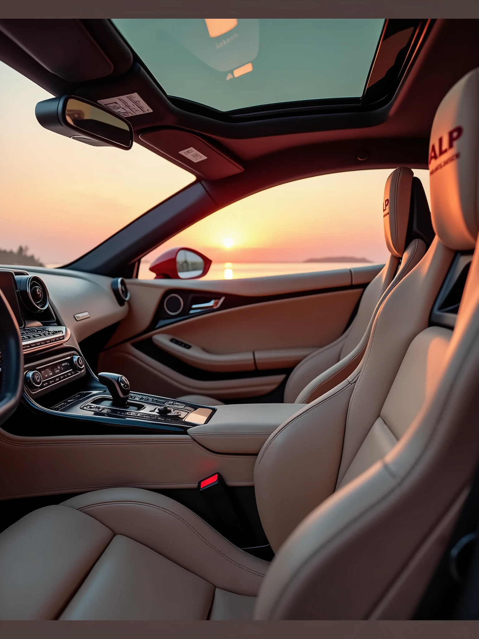 Camera view at 3/4 angle (45 degrees). Highlights include the panoramic sunroof, interior design and sports seats in beige synthetic leather with the initials “ALP” written in carmine red embroidery on the headrest. | Natural light with a magnificent pink-orange sunset in the outdoor environment. Infinity"