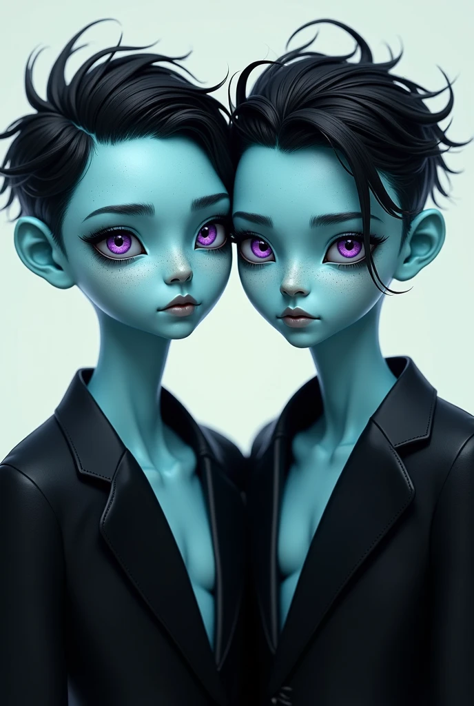 Digital art style, 2 boy, Alien, turquoise blue skin, with small freckles on the body and white face, short, disheveled black hair, deep purple eyes, slim and marked complexion, wearing a black suit that fits his body