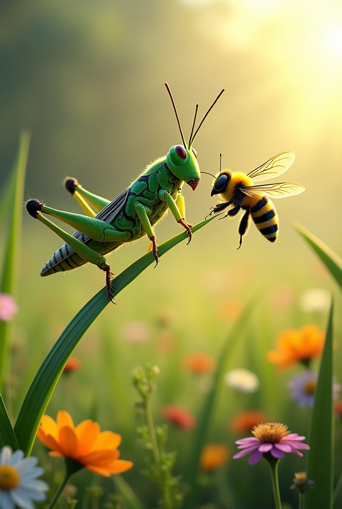 Create a visual of a grasshopper and a bee