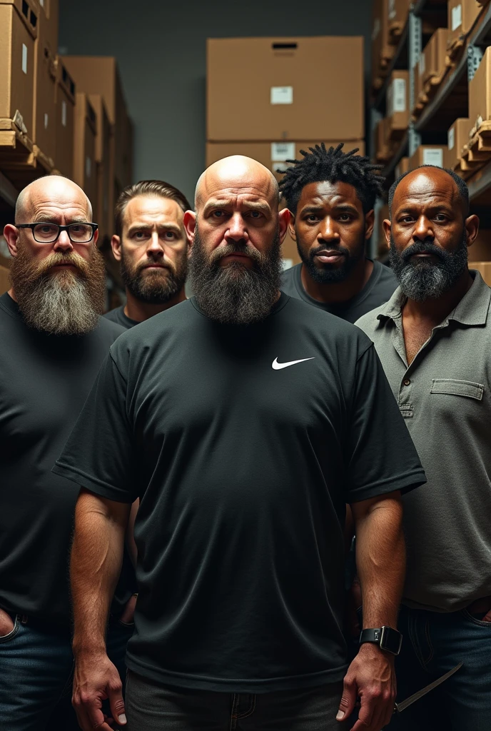 4 white men and a mulatto looking at the camera with a knife in their hand ,being 1 bald and bearded , second one with glasses beard and nike shirt, third a tall bald man with a Viking body, 40 years old ,the fourth a chubby bearded guy, quinto um mulato iqual will smit com cabelo nudreds, in the background of the image shelves and stock boxes