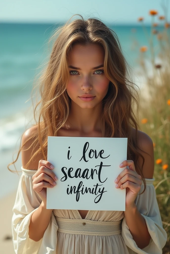 Beautiful girl with wavy long hair, bohemian dress, holding a white board with text "I Love Seaart Infinity" and showing it to the viewer