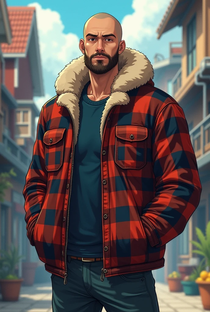 Tall Man, young, shaved hair, Checkered lumberjack jacket with sheepskin, anime, short beard, Whole body