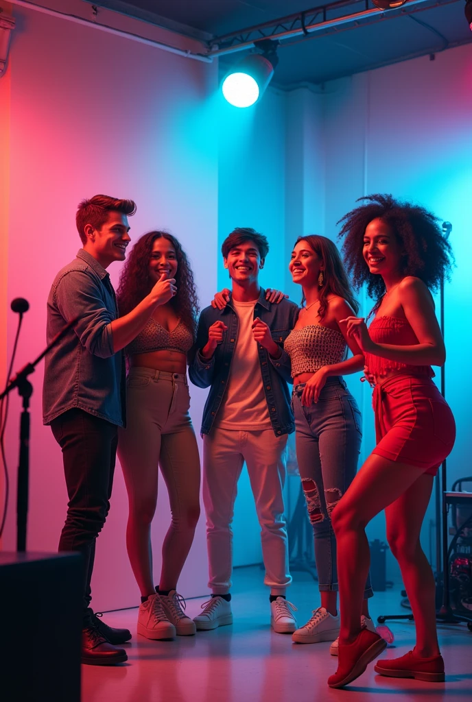 image for a variety podcast called mamando gallo with 2 young men and 3 young women