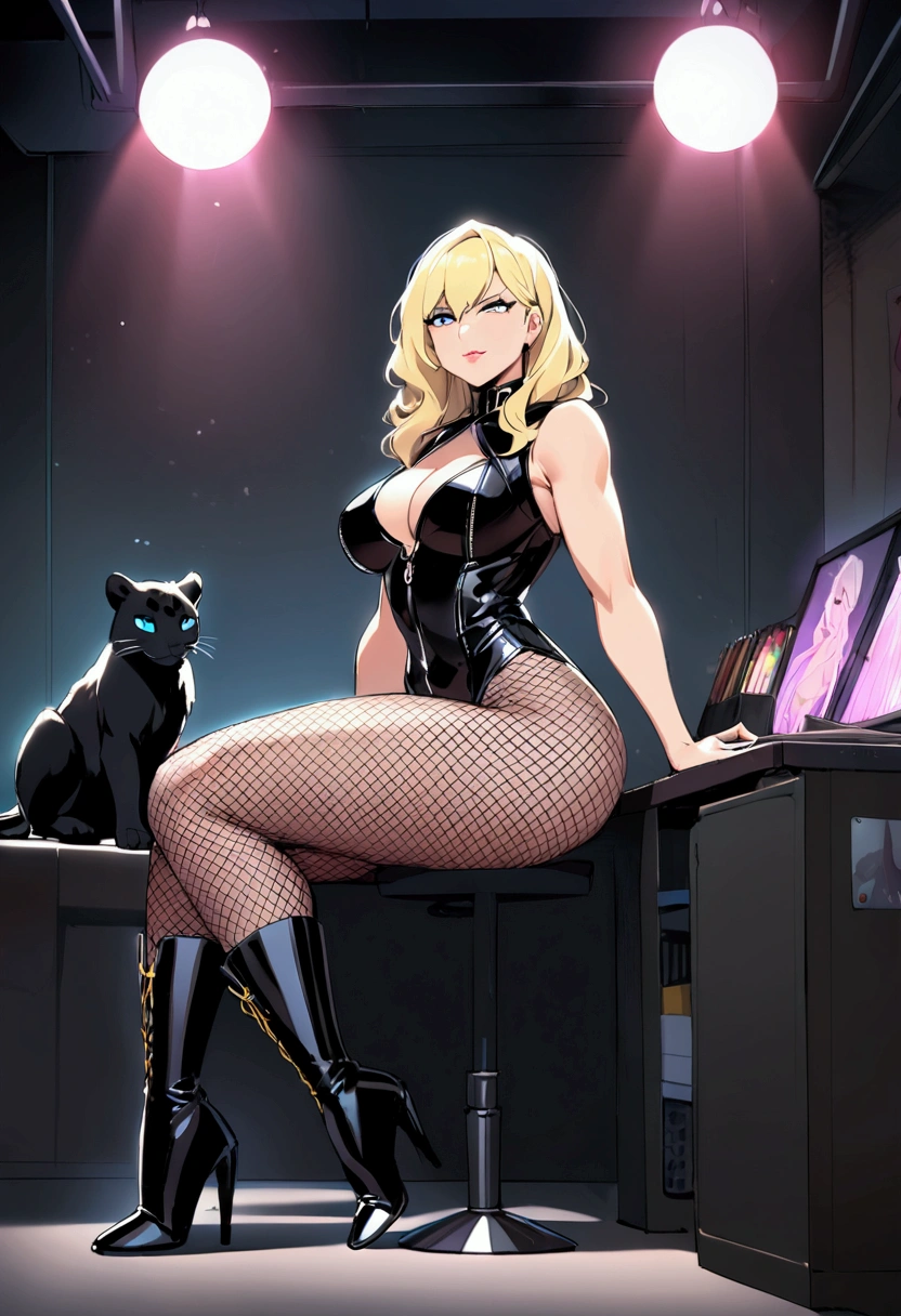 1 woman, Black Canary, Black Canary from DC comics, long blonde hair, blue eyes, ((Black Canary is wearing long stiletto boots, a short black leather jacket, a low cut sleeveless black leopard, animal print fishnet tights)), He has a confident expression and a sarcastic smile, sexy, beautiful woman, curvy athletic body, Wide hips, thick thighs, good ass, perfect face, Perfect eyes, full body portrait, excellent artistic proportions for the faces, Colorful dynamic lighting, masterpiece, art station, society