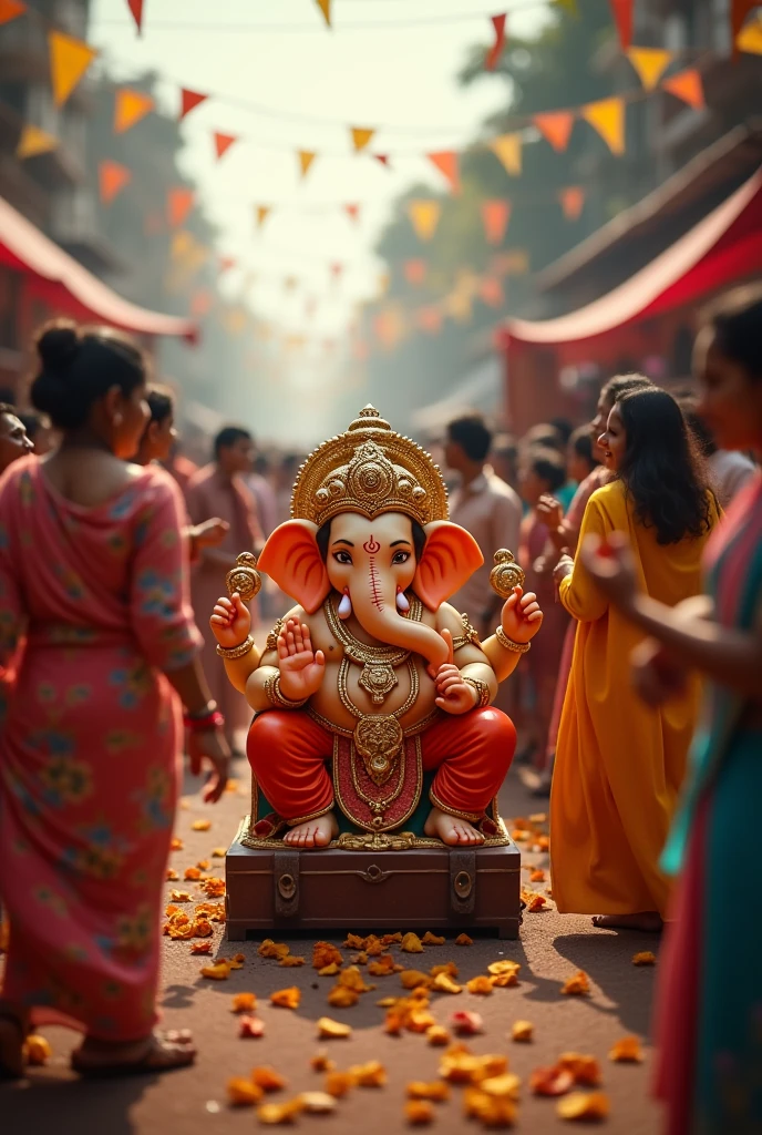 Ganpati Bappa, in a smaller, more intimate form, enters the lively streets of Mumbai. Middle-class families dressed in traditional clothing gather around, their faces lit with joy. They dance exuberantly to the beat of dhols and cymbals, filling the air with excitement and devotion. The atmosphere is warm and festive, as they welcome Bappa with heartfelt chants and simple, colorful decorations, making the moment feel personal and close to their hearts."