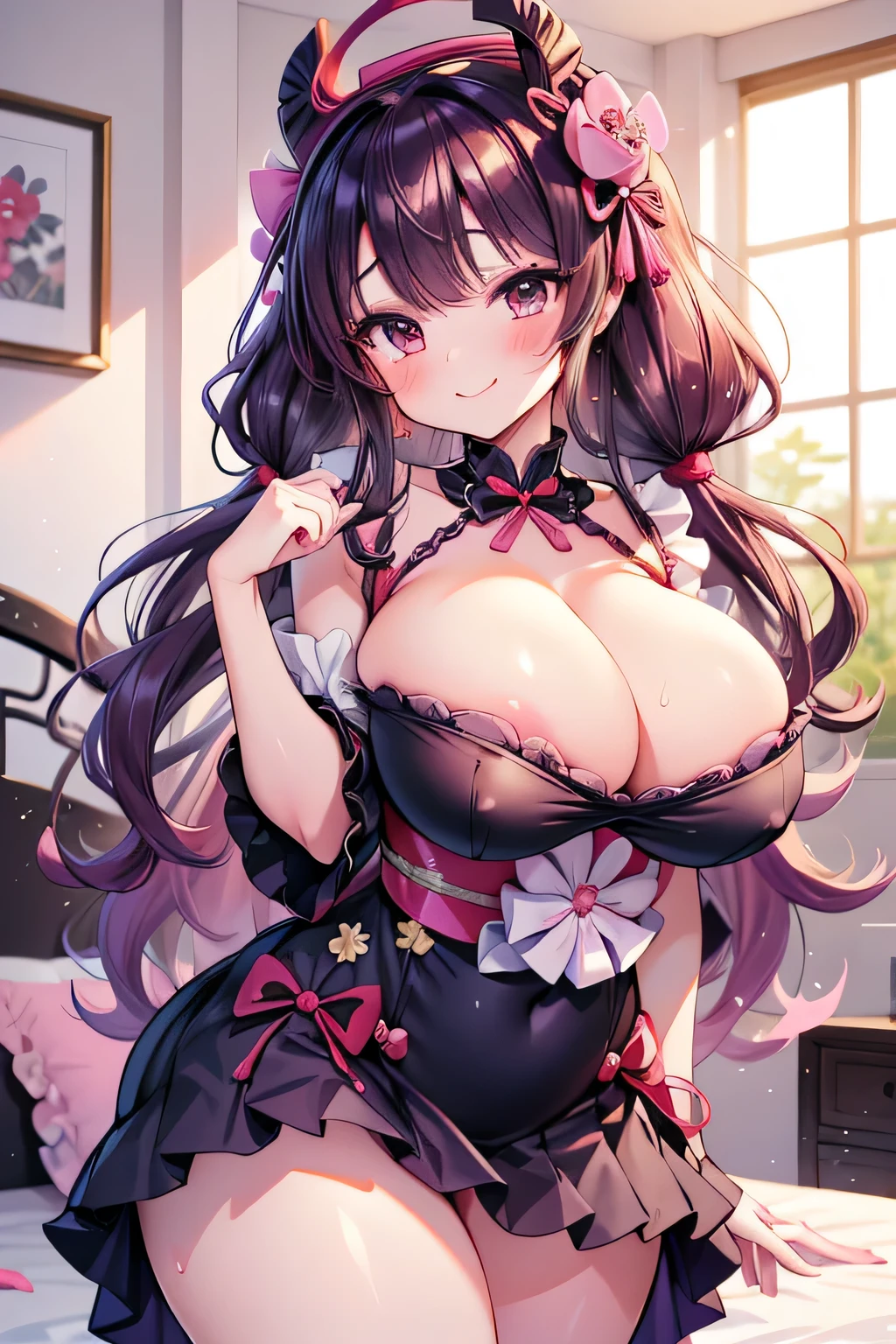 Hentai、High resolution、smile、Pretty Cure、Katsushika Hokusai、Voluptuous busty magical girl spreads her legs in a luxurious bedroom、A lewd dress for a magical girl with frills、Perfect proportions、Cowboy Shot、Fatty thick legs、Sweaty、Clear eyes