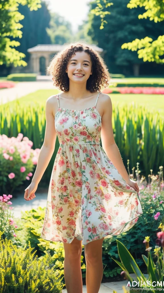 masterpiece, Highest quality, Absurd, Perfect Anatomy, One girl, alone, PascalTales, short hair, beautiful, Hilarious, sunny day, botanical garden, Summer winds, Sundress, Floral, Wavy Hair, smile