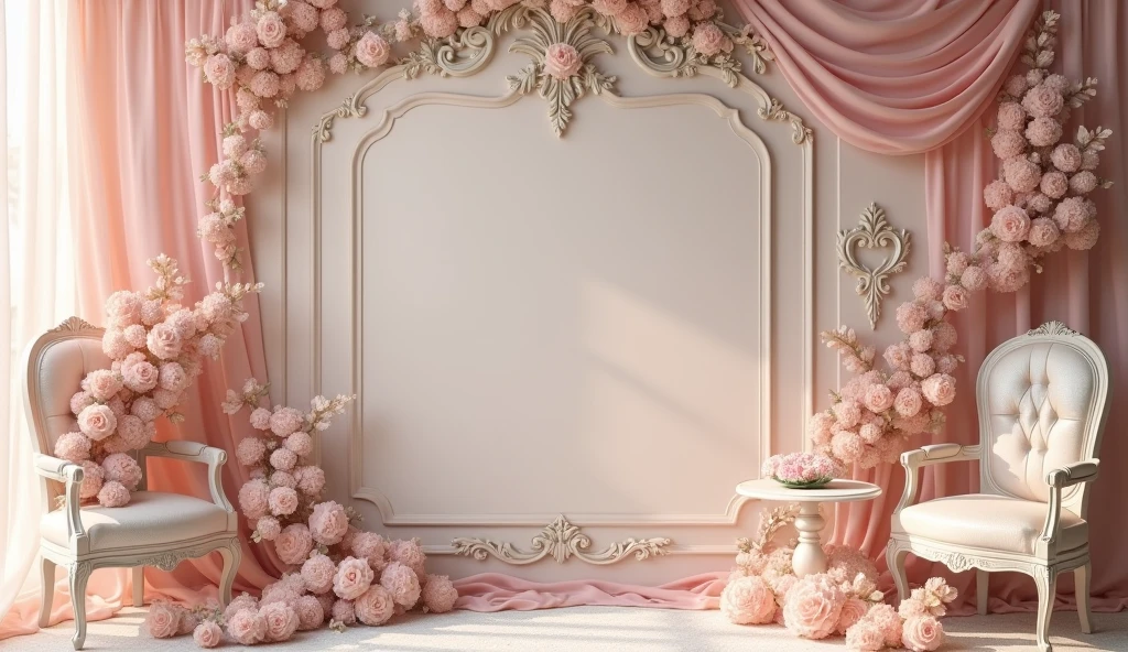 A hyper-realistic photo of a light pink and beige elegant templates design with a touch of sophistication to combine Victorian charm with Shabby Chic style, decorated with elegant sheer chiffon, antiques, baroque and gem stones, UHD, 8K resolution, masterpiece, high detailed. Ultra-realistic.