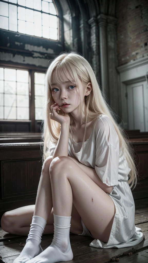 grimdark style, realism painting, korean, milky and tender alabaster skin, covered in sweat, light violet eyes, albino, beautiful young female, very long plaatinum blonde thin silkie and smooth hair, beautiful narrow and thin face with delicate features, wearing a dirty oversized white shirt white socks and flat shoes, creepy old dilapidated church, midnight, Looking at viewer, Tears, Scared,