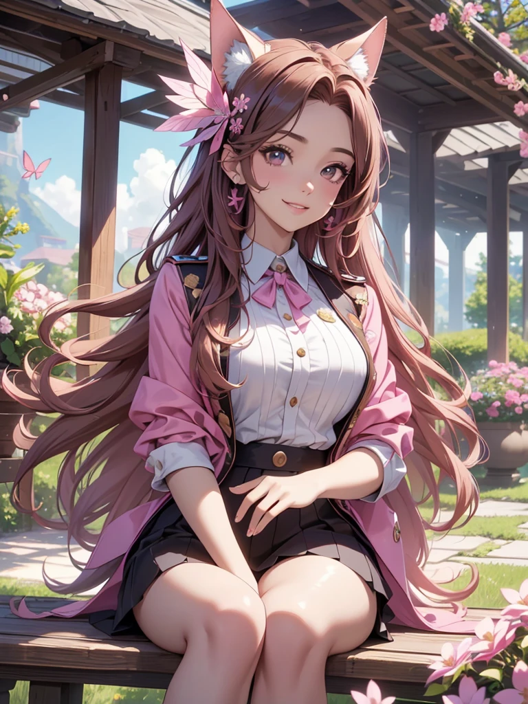 (best quality,4k,8k,highres,masterpiece:1.2),ultra-detailed,(realistic,photorealistic,photo-realistic:1.37),acrylic painting,beautiful Brazilian model in a uniform outfit with downy hair,beautiful Brazilian model with extremely colorful brown hair and detailed facial features,beautiful Brazilian model standing in a beautiful garden sakura flowers, long hair,cat ears, hair bows, uniform pink and teal outfits, smile, happy face, brown pink hair,butterflies, sitting down, brown eyes, mature woman