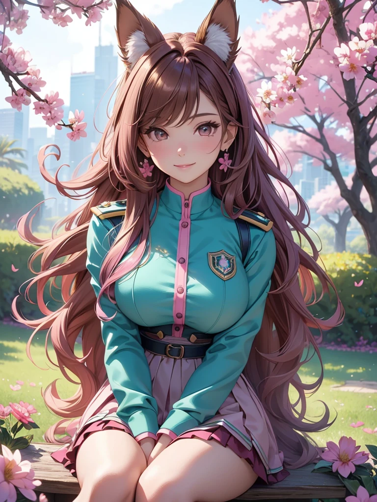 (best quality,4k,8k,highres,masterpiece:1.2),ultra-detailed,(realistic,photorealistic,photo-realistic:1.37),acrylic painting,beautiful Brazilian model in a uniform outfit with downy hair,beautiful Brazilian model with extremely colorful brown hair and detailed facial features,beautiful Brazilian model standing in a beautiful garden sakura flowers, long hair,cat ears, hair bows, uniform pink and teal outfits, smile, happy face, brown pink hair,butterflies, sitting down, brown eyes,  mature woman 