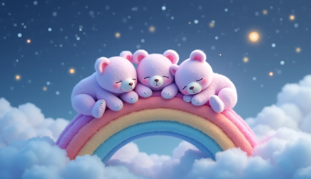"Three very cute bears—lilac and pink—sleeping comfortably on a cute rainbow, atop beautiful blue clouds in a sky with twinkling stars, in ultra-realistic 4K images."
