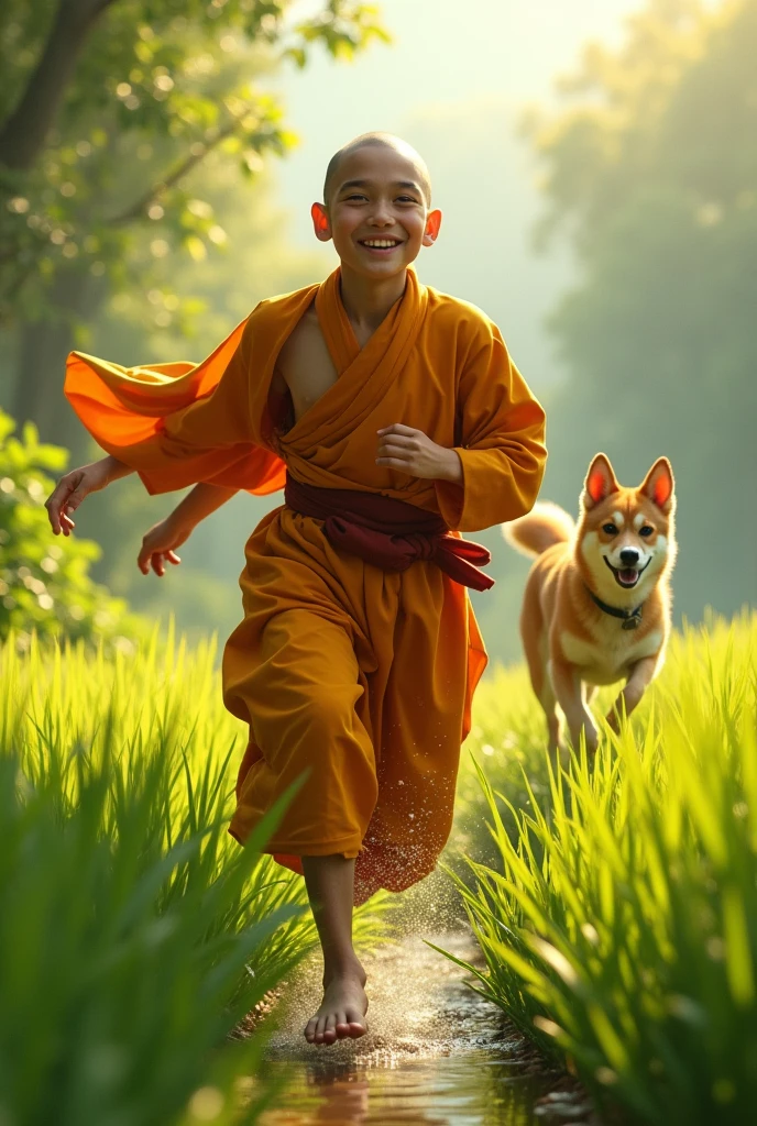 ((best quality)), ((Masterpiece)), (details), perfect face. A young monk runs after a dog in a rice field.