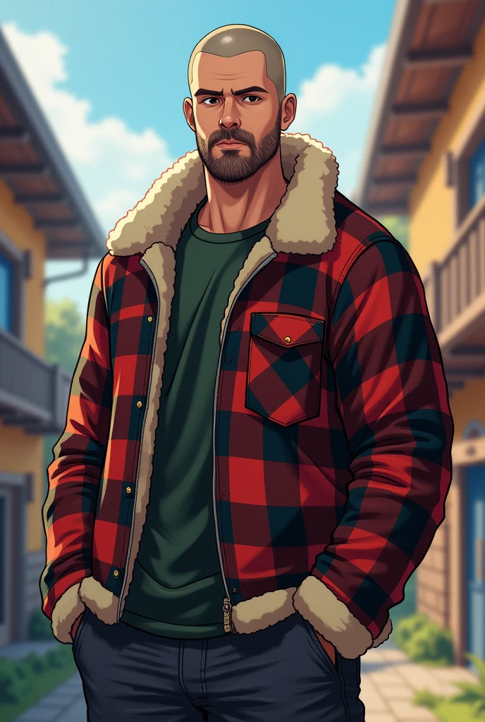 Tall Man, young, shaved hair, Checkered lumberjack jacket with sheepskin, anime, short beard, Whole body
