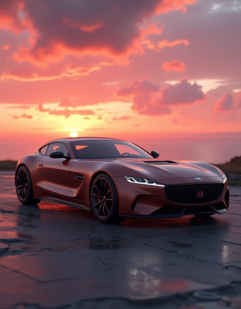 Camera view in 3/4 angle (45 degrees). Highlights include the panoramic sunroof, interior design and sports seats in beige synthetic leather with the initials “ALP” written in carmine red embroidery on the headrest. | Natural light with a magnificent pink-orange sunset in the outdoor environment.  Infinity"   