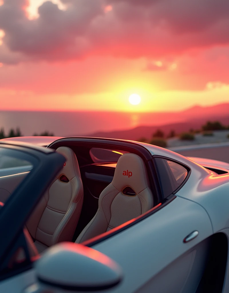 Camera view in 3/4 angle (45 degrees). Highlights include the panoramic sunroof, interior design and sports seats in beige synthetic leather with the initials “ALP” written in carmine red embroidery on the headrest. | Natural light with a magnificent pink-orange sunset in the outdoor environment. Infinity"