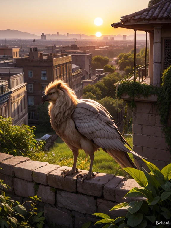Ghibli Studio style, a majestic griffin with lion's body and bird's head, burnished gold feathers and glowing eyes perched atop a crumbling vine-covered ziggurat, bathed in the twilight hues of a setting sun. The Mesopotamian city below is overgrown with exotic flora in. The griffin's wings are slightly spread and have sharp metal edges, ornate plate armor.