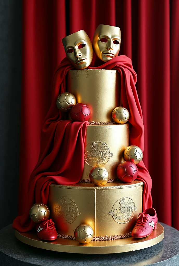 Could you make me a one-tier cake of soccer and theater combined please with gold and red with the Greek tragedy and comedy masks, theater curtains, soccer cleats and soccer balls?