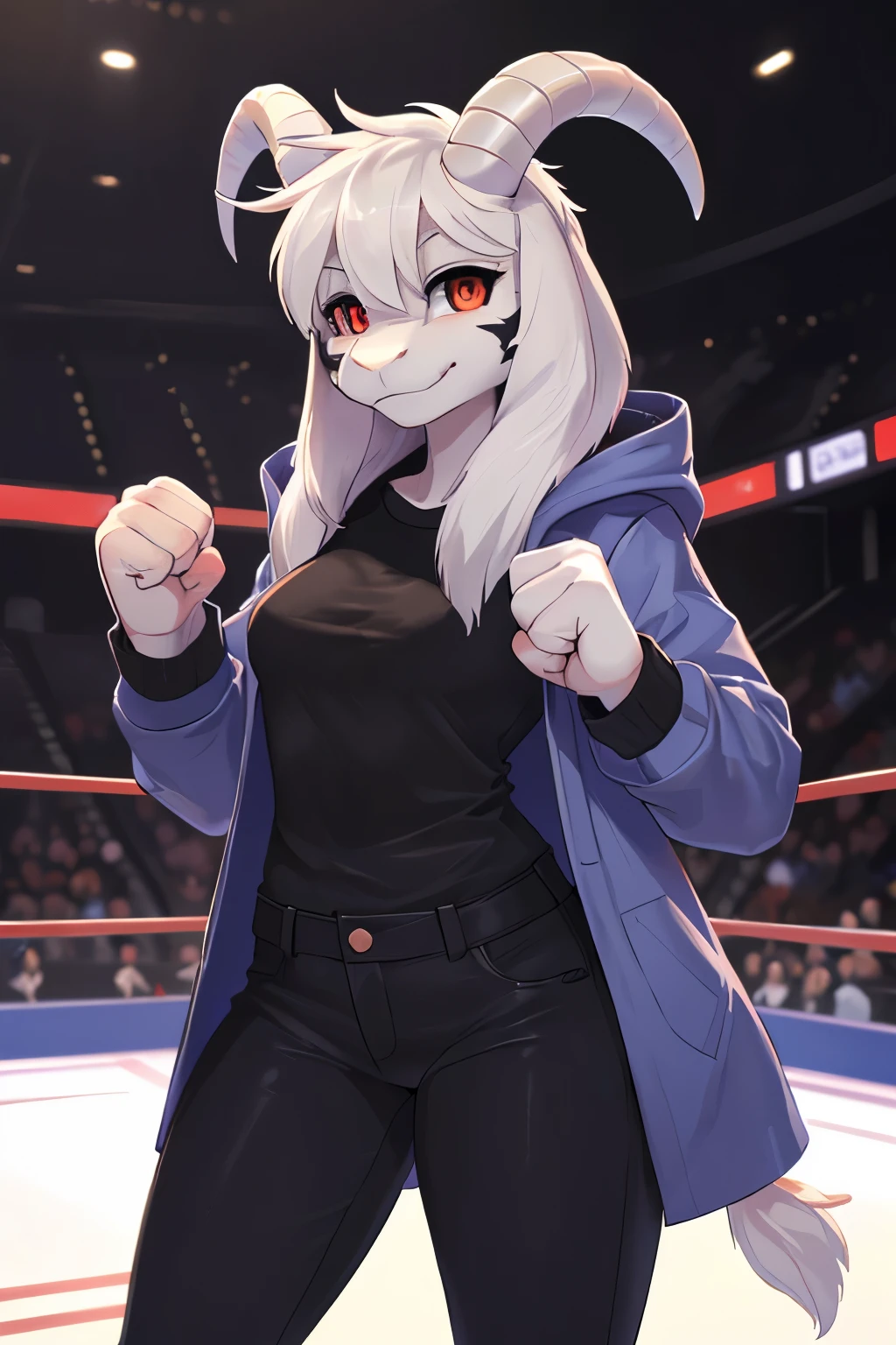 woman, adult, alone, in an arena, hairy, goat, anthropomorphic goat, Asriel, Undertale ((Asriel Dreemurr)), average breasts, big ass, average hips, perfect body, tall, ((long hair, long white hair ), black eyes ((black sclerae), reddish pupils, ((slit-shaped pupils)), anthropomorphic face, cartoon, a beautiful smile, Eskimo coat ((blue coat, no drawing, Eskimo coat)), metacarpal paw, black blouse ((black shirt, black pants)), goat tail, short horns, white horns ((drooping ears, big ears)), black marks on the body (God of Hyper death), looking at the viewer, goat paw, anthropomorphic paw, battle stance, combat pose, closed fists, paw details, detailed, best quality, best detail, details and quality.