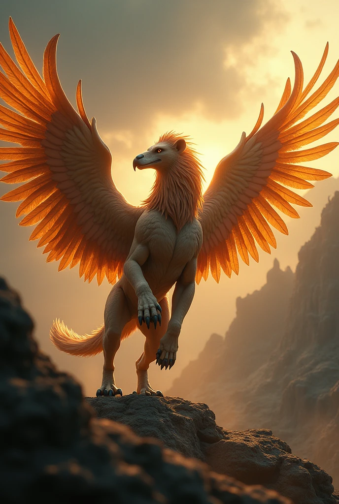 plano general, whole body, a majestic griffin, detailed and realistic, 1 griffin, hyper-detailed, Photorealistic, 8k, masterpiece, mystical, fantasy creature, Sharp focus, intricate feathers, fierce expression, muscular form, spreading wings, flying over a dramatic landscape, cinematic lighting, golden and fiery colors, moody atmosphere, epic scale, (raw photo, Best Quality, masterpiece, Photorealistic, of the highest quality, Maximum image quality, High resolution, 8k, HD:1.2), vibrant,Ethereal lighting,sharp focus,ultra detailed,((Extremely detailed 8k unified CG wallpaper)), surreal and dreamlike textures,magical and mysterious essence, unexplored and undiscovered wonders,sculptural and abstract elements,transcendent composition, visual effects, Photorealistic, digital composition master class
