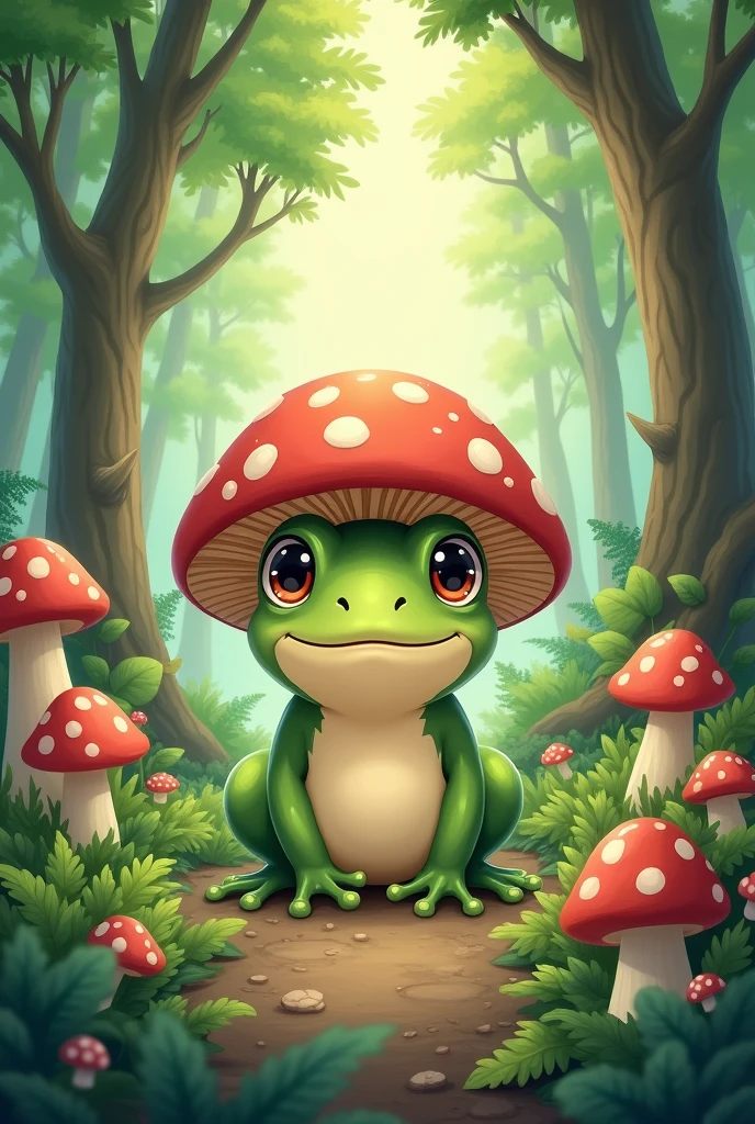 I would like an anime style drawing of a forest with mushrooms and a frog with a mushroom cap and very happy., for profile photo 

