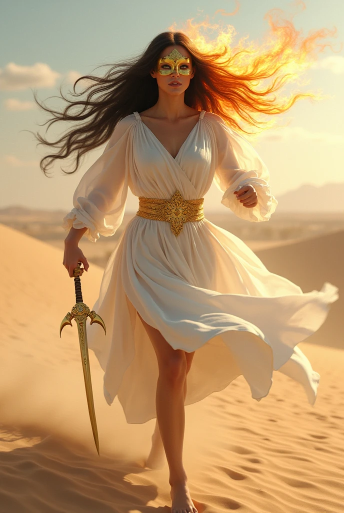 Woman, black, hair in flames, wearing a flowing white dress and a golden mask, running in the desert barefoot and a golden sword in her left hand.