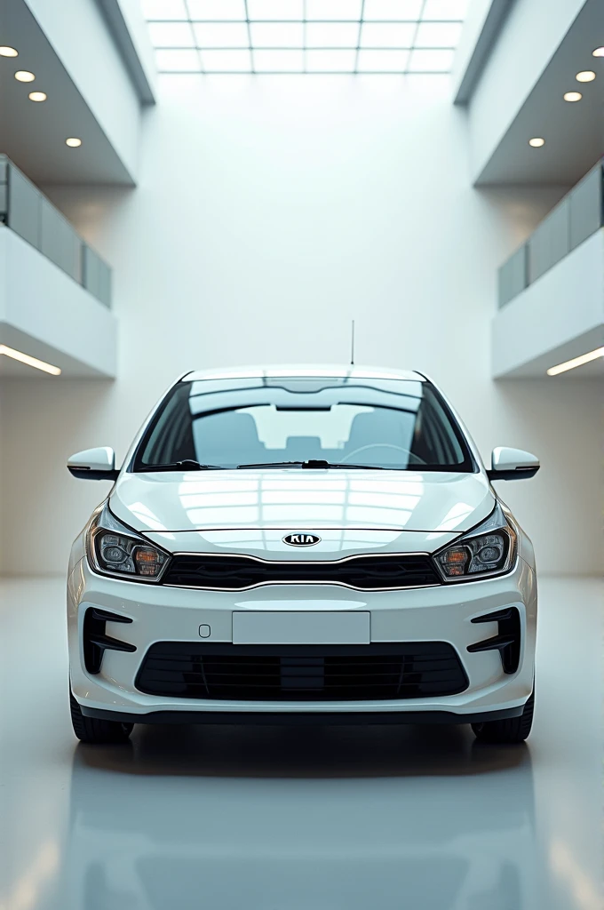 Give me a competative image of a ( Kia Rio ) ( White ) front view in showroom 