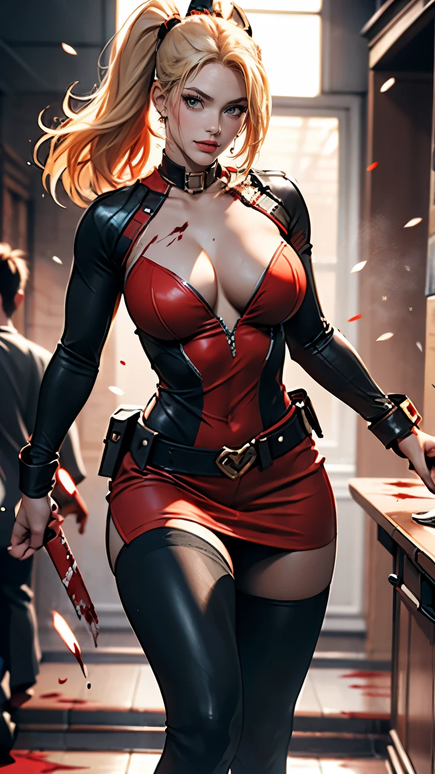 full body image,Masterpiece, best quality, Show off your best figure, Very realistic, Highly detailed face, Clean and delicate face, whole body(Masterpiece best quality: 1.2) "Harley Quinn Anime style sexy, sexy, charming, charming, big breasts" run ,Sparks have wounds, Blood seeps out, And the atmosphere of fierce fighting is all around., In the style of leading portrait painters.