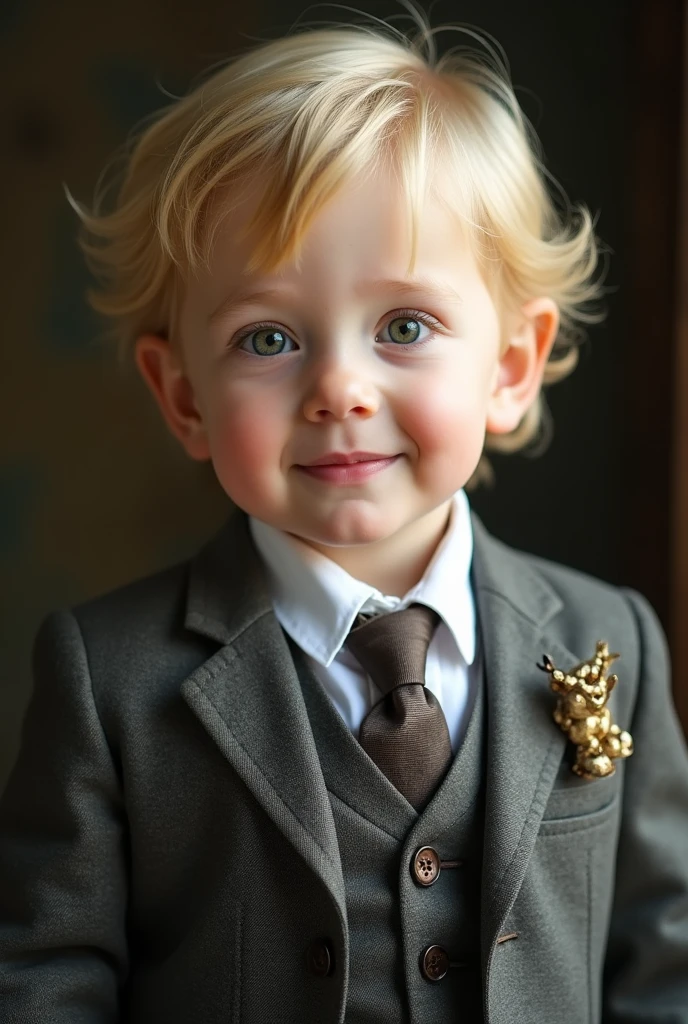 Two year old light blond baby boy, green eyes, white skin, perfect features with a suit that in the photo is full body