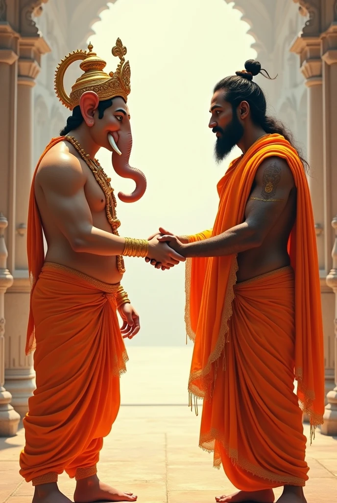 Ganesha and rama hand sheck to both in orenge colour dress