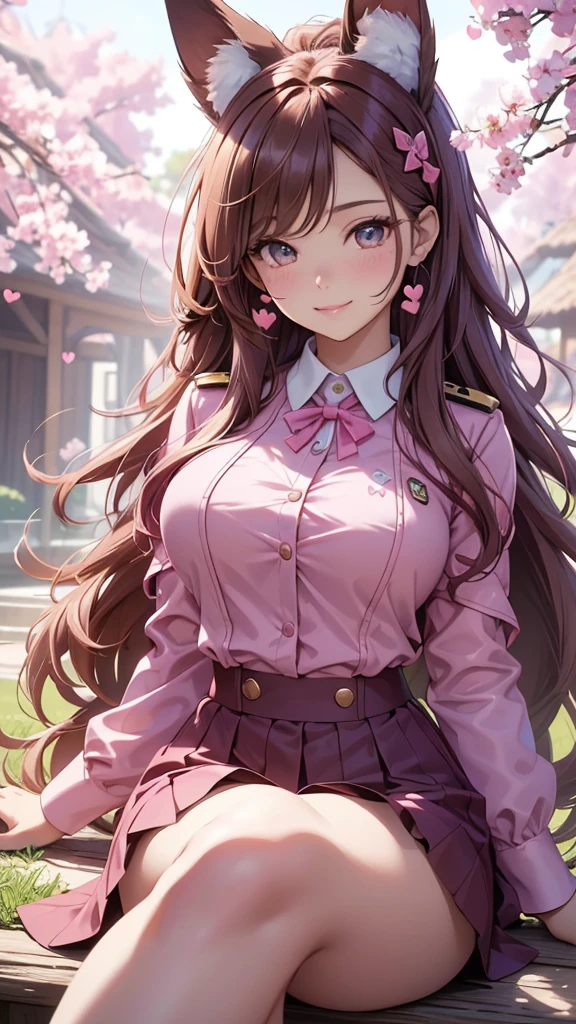 (best quality,4k,8k,highres,masterpiece:1.2),ultra-detailed,(realistic,photorealistic,photo-realistic:1.37),acrylic painting,beautiful Brazilian model in a uniform outfit with downy hair,beautiful Brazilian model with extremely colorful brown hair and detailed facial features,beautiful Brazilian model standing in a beautiful garden sakura flowers, long hair,cat ears, hair bows, uniform pink and teal outfits, smile, happy face, brown pink hair, hearts, sitting down, mature woman