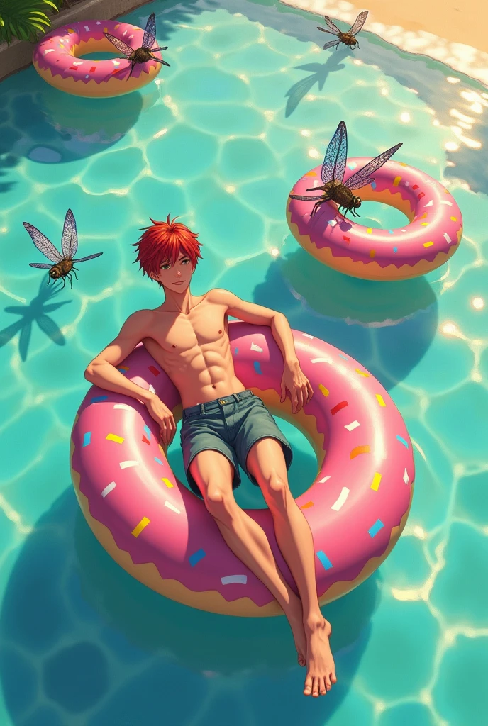 Anime boy with red hair and dark skin, early 20s and a pool floaty with dragonflies all around him, the dragonflies will be in their own pool floaty. The pool floaty should be donut shaped. In the background it's the beach. All of them are in the water