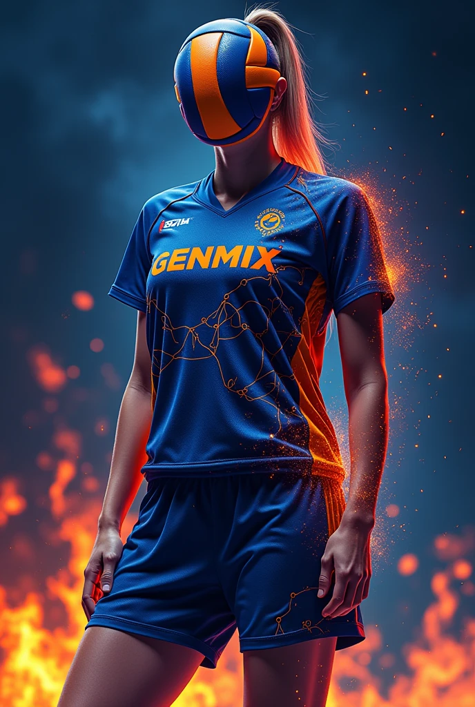 Can you show me a design for a uniform for a volleyball team? , WITH THE NAME GENMIX IN THE MIDDLE and containing orange and light blue colors DNA designs , genes and fires everywhere and volleyball ball , that is quite striking , that the color of the dark blue uniform 
