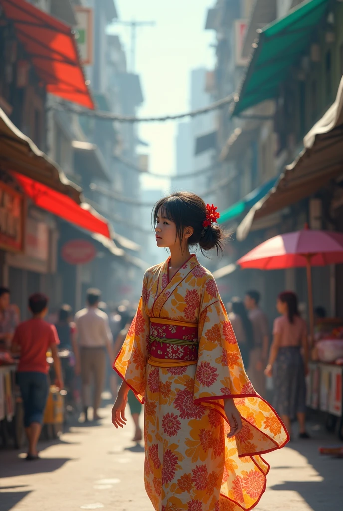 Japanes girl in Indian city Mumbai walk to road with hot